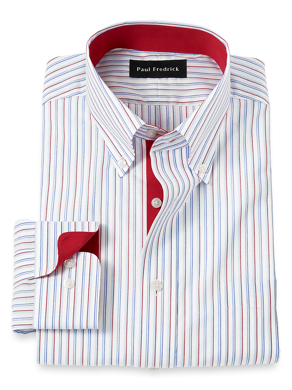 Product Image of Non-iron Cotton Stripe Dress Shirt With Contrast Trim-Blue/Red