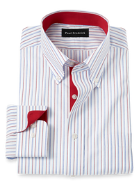 Non-Iron Cotton Stripe Dress Shirt With Contrast Trim - Blue/red