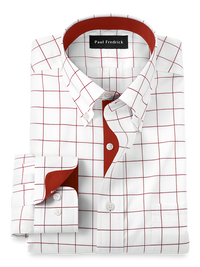 Non-Iron Cotton Windowpane Dress Shirt With Contrast Trim - Red