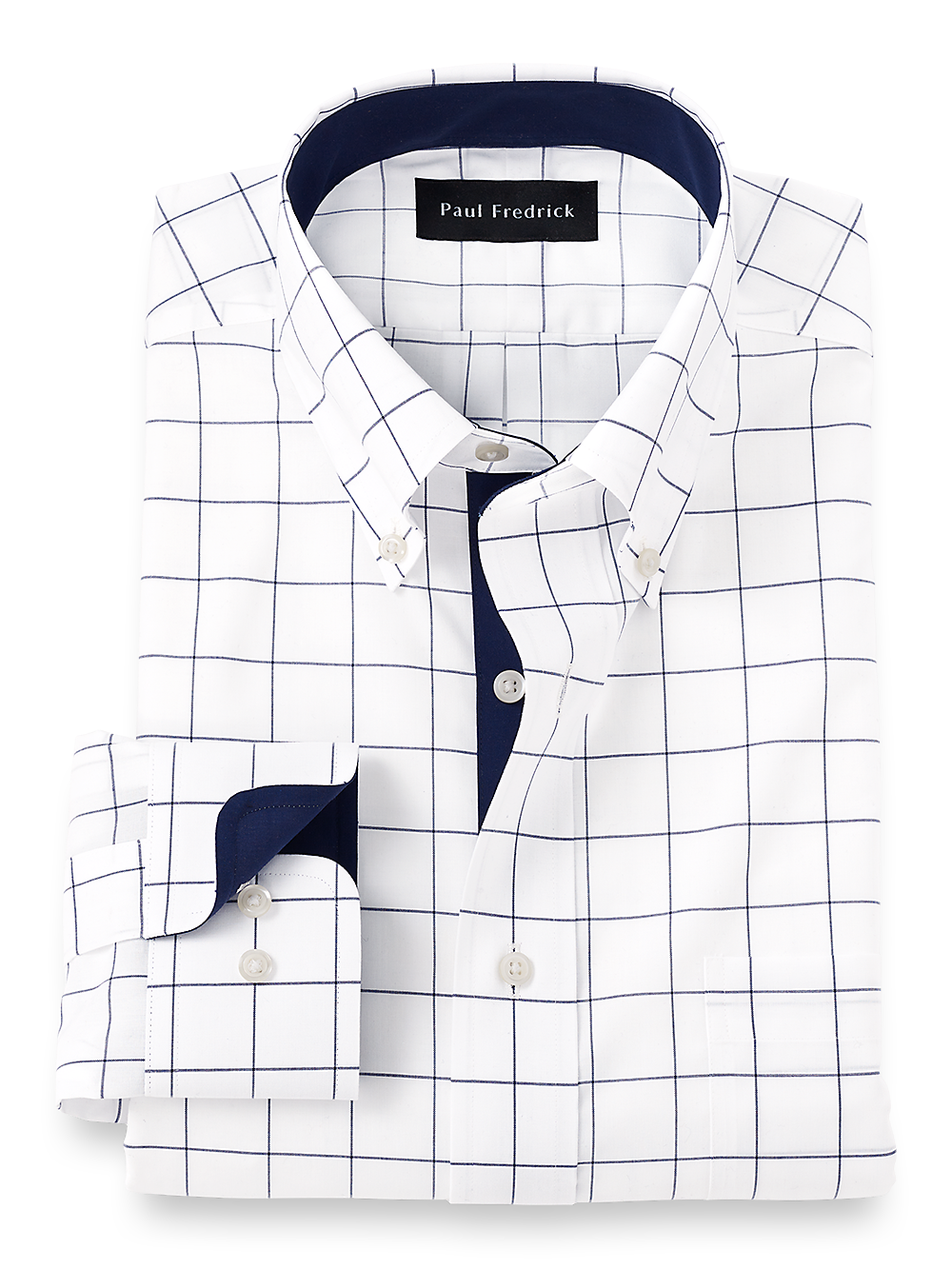 Product Image of Non-iron Cotton Windowpane Dress Shirt With Contrast Trim-Navy