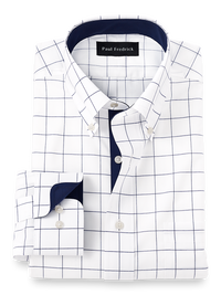 Non-Iron Cotton Windowpane Dress Shirt With Contrast Trim - Navy