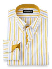 Non-Iron Cotton Stripe Dress Shirt With Contrast Trim - Blue/yellow