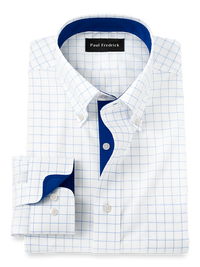 Non-Iron Cotton Check Dress Shirt With Contrast Trim - Blue