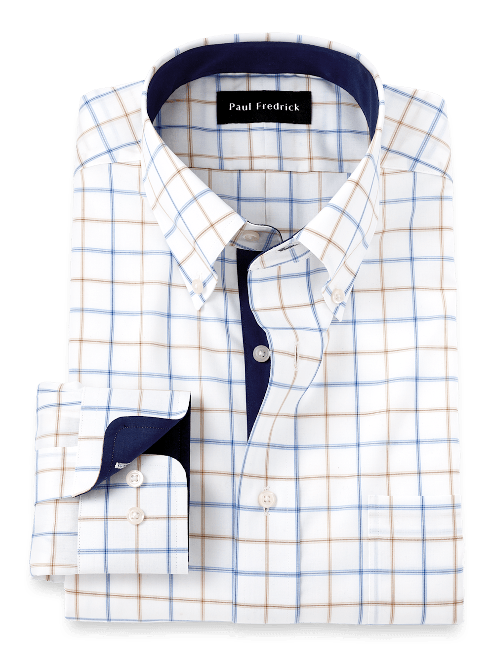 Product Image of Non-iron Cotton Check Dress Shirt With Contrast Trim-Blue/Tan