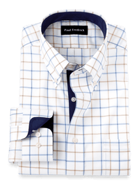 Non-Iron Cotton Check Dress Shirt With Contrast Trim - Blue/tan