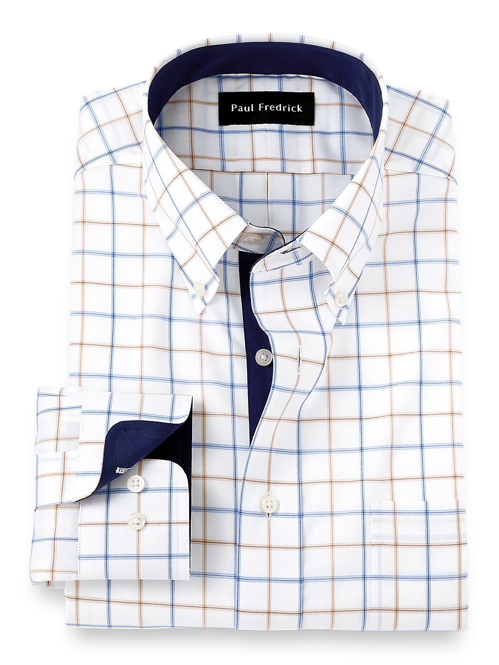 Product Image of Non-iron Cotton Check Dress Shirt With Contrast Trim-Blue/Tan