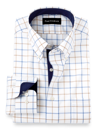 Non-Iron Cotton Check Dress Shirt With Contrast Trim - Blue/tan