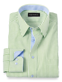 Comfort Stretch Non-Iron Stripe Dress Shirt With Contrast Trim - Green