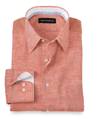 Non-Iron Linen Solid Dress Shirt With Contrast Trim - Coral