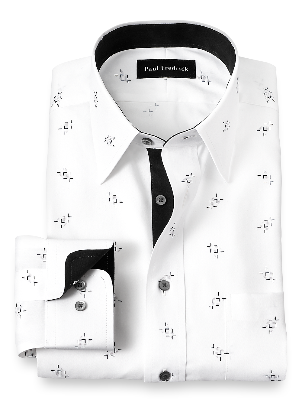 Product Image of Non-iron Cotton Houndstooth Print Dress Shirt With Contrast Trim-White