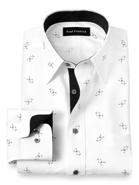 Non-Iron Cotton Houndstooth Print Dress Shirt With Contrast Trim - White