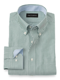 Non-Iron Cotton Stripe Dress Shirt With Contrast Trim - Green