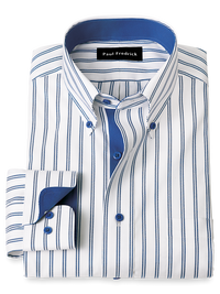 Comfort Stretch Non-Iron Stripe Dress Shirt With Contrast Trim - Cobalt