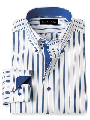 Comfort Stretch Non-Iron Stripe Dress Shirt With Contrast Trim - Cobalt