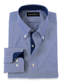 Non-Iron Cotton Stripe Dress Shirt With Contrast Trim - Blue