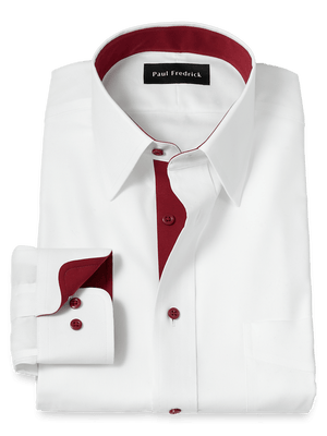 Comfort Stretch Non-Iron Solid Dress Shirt With Contrast Trim - White/burgundy