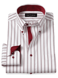 Comfort Stretch Non-Iron Stripe Dress Shirt With Contrast Trim - Burgundy