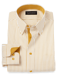 Comfort Stretch Non-Iron Stripe Dress Shirt With Contrast Trim - White/gold