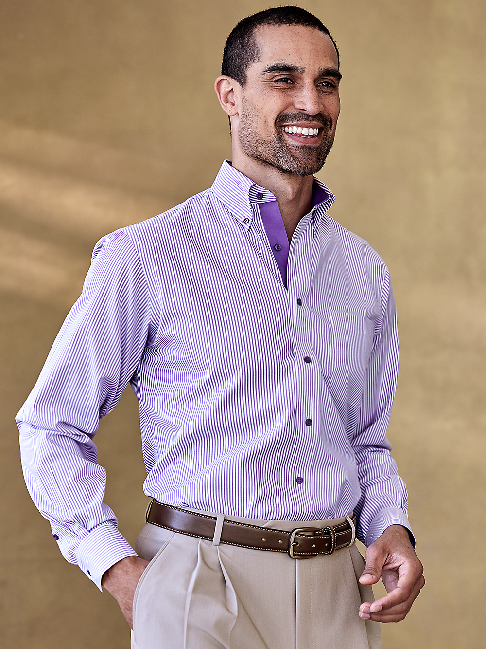 Alternate Image of Comfort Stretch Non-iron Stripe Dress Shirt With Contrast Trim-1