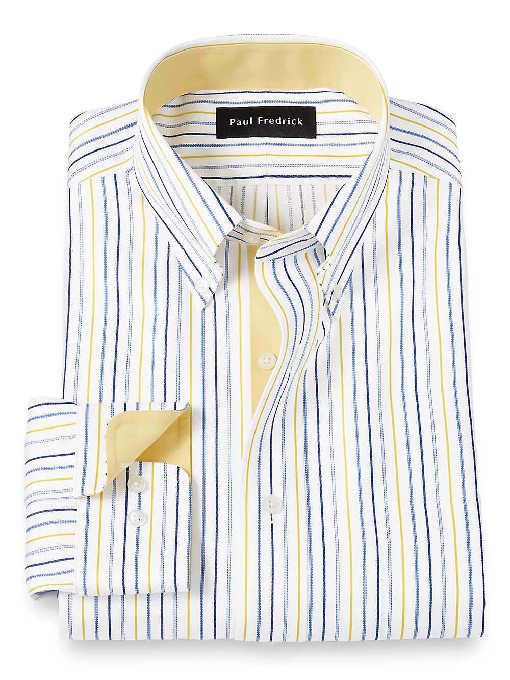 Product Image of Non-iron Cotton Stripe Dress Shirt With Contrast Trim-Blue/Yellow