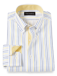 Non-Iron Cotton Stripe Dress Shirt With Contrast Trim - Blue/yellow