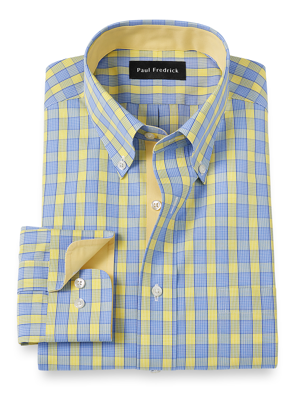 Product Image of Non-iron Cotton Check Dress Shirt With Contrast Trim-Blue/Yellow