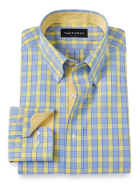 Non-Iron Cotton Check Dress Shirt With Contrast Trim - Blue/yellow