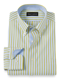 Non-Iron Cotton Stripe Dress Shirt With Contrast Trim - Blue/yellow