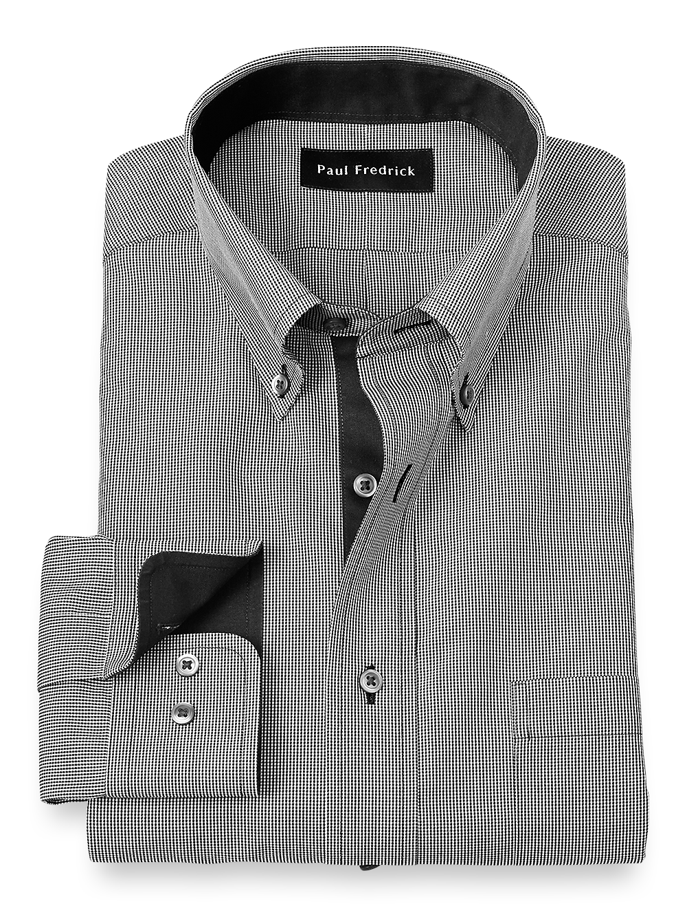 Product Image of Non-iron Cotton Houndstooth Dress Shirt With Contrast Trim-Black/White