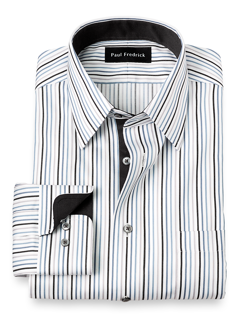 Product Image of Non-iron Cotton Stripe Dress Shirt With Contrast Trim-Black/Teal