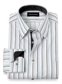 Non-Iron Cotton Stripe Dress Shirt With Contrast Trim - Black/teal