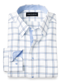 Non-Iron Cotton Windowpane Dress Shirt With Contrast Trim - Blue