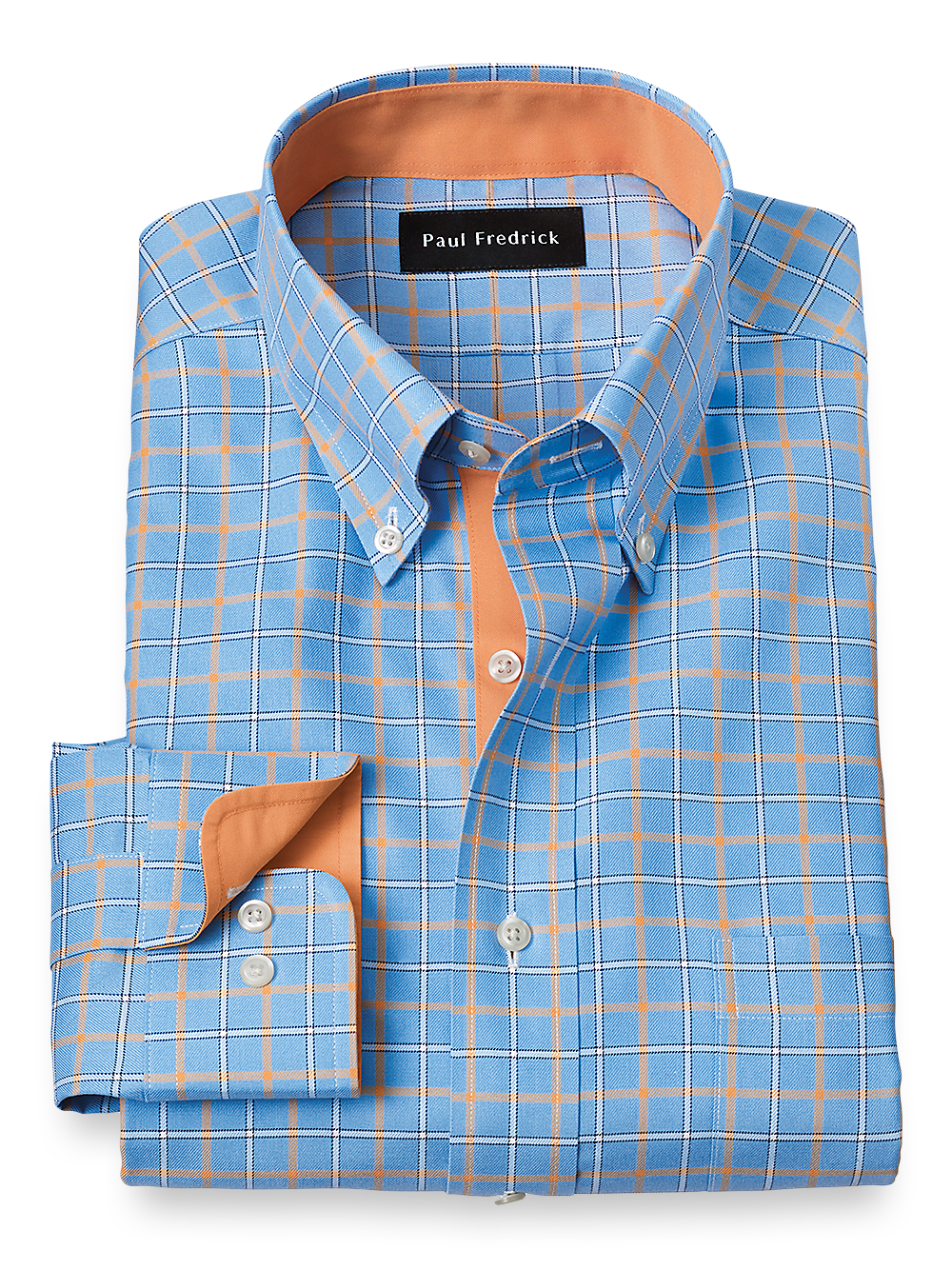 Product Image of Non-iron Cotton Check Dress Shirt With Contrast Trim-Blue/Melon