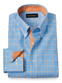 Non-Iron Cotton Check Dress Shirt With Contrast Trim - Blue/melon