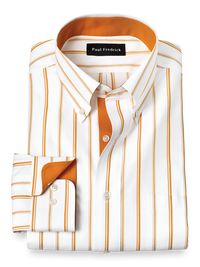 Non-Iron Cotton Stripe Dress Shirt With Contrast Trim - Melon/tan