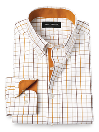 Non-Iron Cotton Check Dress Shirt With Contrast Trim - Melon/tan