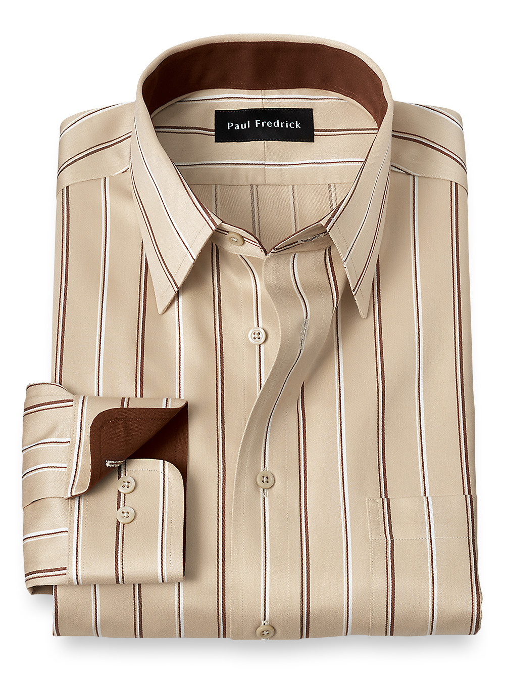 Product Image of Non-iron Cotton Stripe Dress Shirt With Contrast Trim-Tan