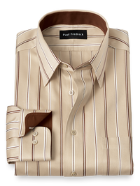 Non-Iron Cotton Stripe Dress Shirt With Contrast Trim - Tan