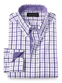 Non-Iron Cotton Check Dress Shirt With Contrast Trim - Purple