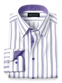 Non-Iron Cotton Stripe Dress Shirt With Contrast Trim - Purple