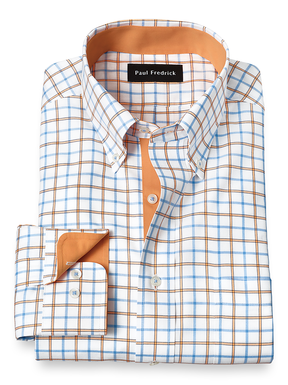 Product Image of Non-iron Cotton Windowpane Dress Shirt With Contrast Trim-Blue/Melon