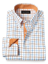 Non-Iron Cotton Windowpane Dress Shirt With Contrast Trim - Blue/melon