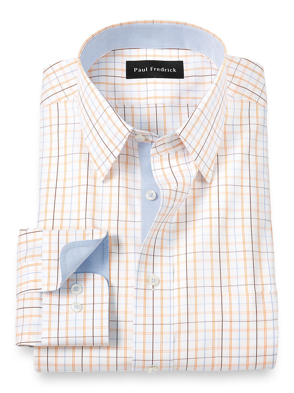 Product Image of Non-iron Cotton Tattersall Dress Shirt With Contrast Trim-Blue/Melon