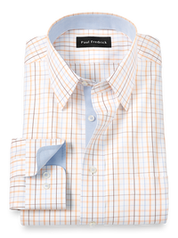 Non-Iron Cotton Tattersall Dress Shirt With Contrast Trim - Blue/melon