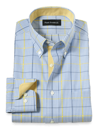 Comfort Stretch Non-Iron Plaid Dress Shirt With Contrast Trim - Blue/yellow