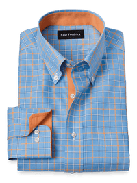 Comfort Stretch Non-Iron Check Dress Shirt With Contrast Trim - Blue/melon