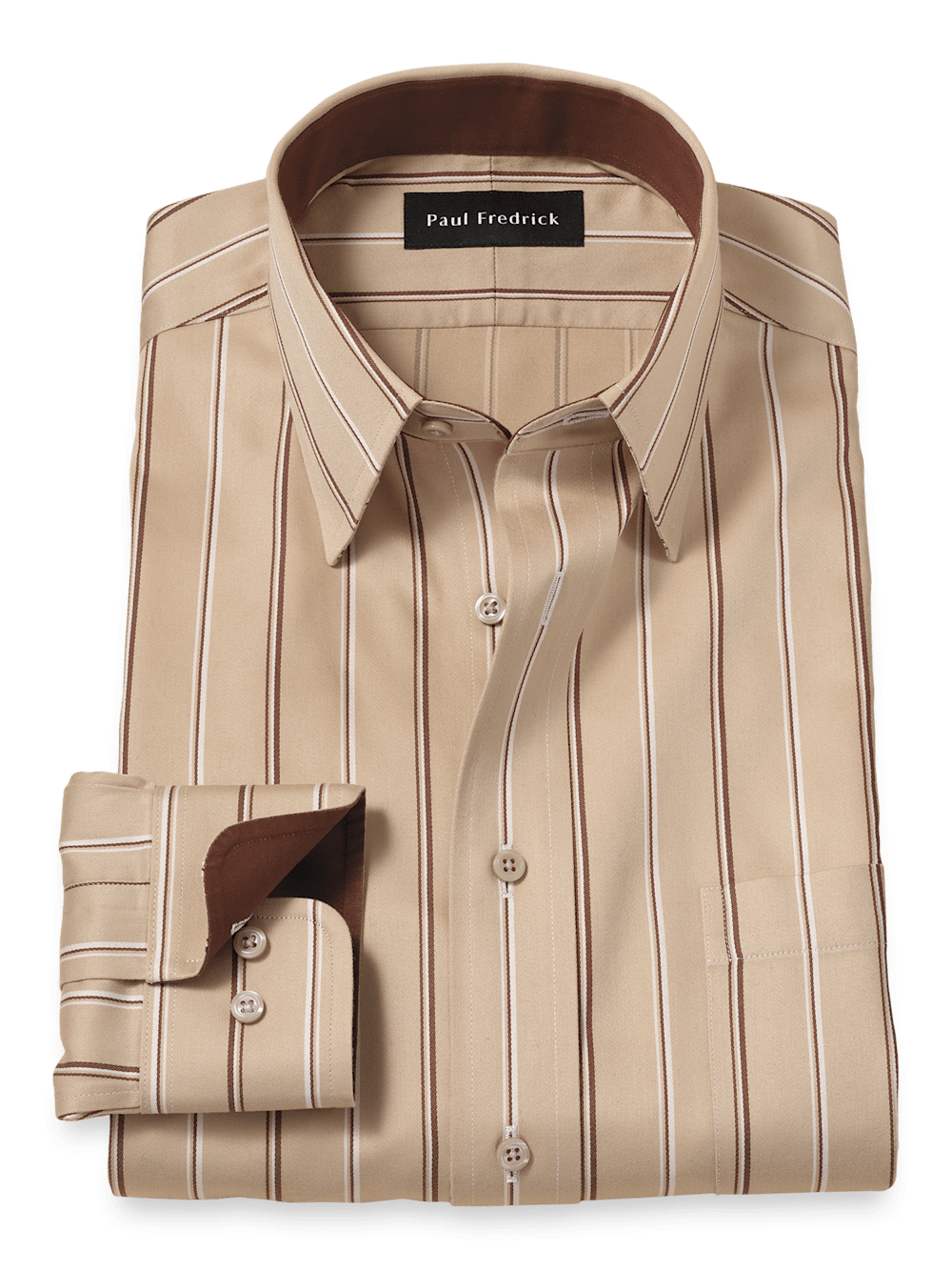 Product Image of Comfort Stretch Non-iron Stripe Dress Shirt With Contrast Trim-Tan