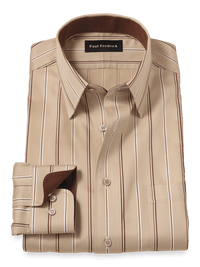 Comfort Stretch Non-Iron Stripe Dress Shirt With Contrast Trim - Tan