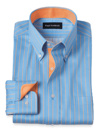 Comfort Stretch Non-Iron Stripe Dress Shirt With Contrast Trim - Blue/melon