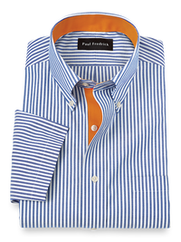 Comfort Stretch Non-Iron Stripe Dress Shirt With Contrast Trim - Blue